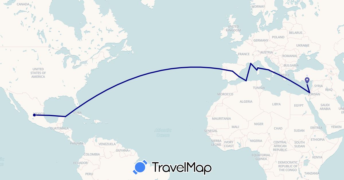 TravelMap itinerary: driving in Cyprus, Algeria, Spain, France, Israel, Italy, Mexico (Africa, Asia, Europe, North America)
